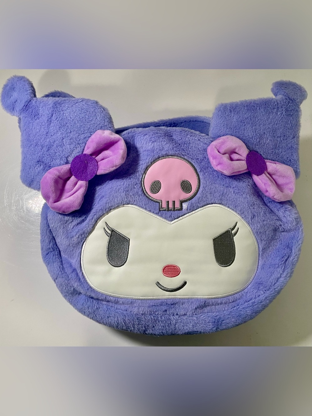 Purple Plush Character Kids Toy Bag with Pink Skull Accent